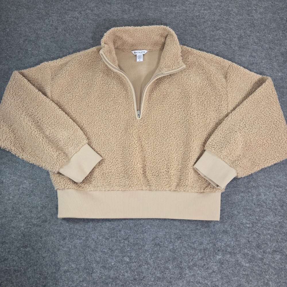 Athleta Cropped Sherpa Quarter Zip Pullover Womens M Beige Tan Teddy Fleece